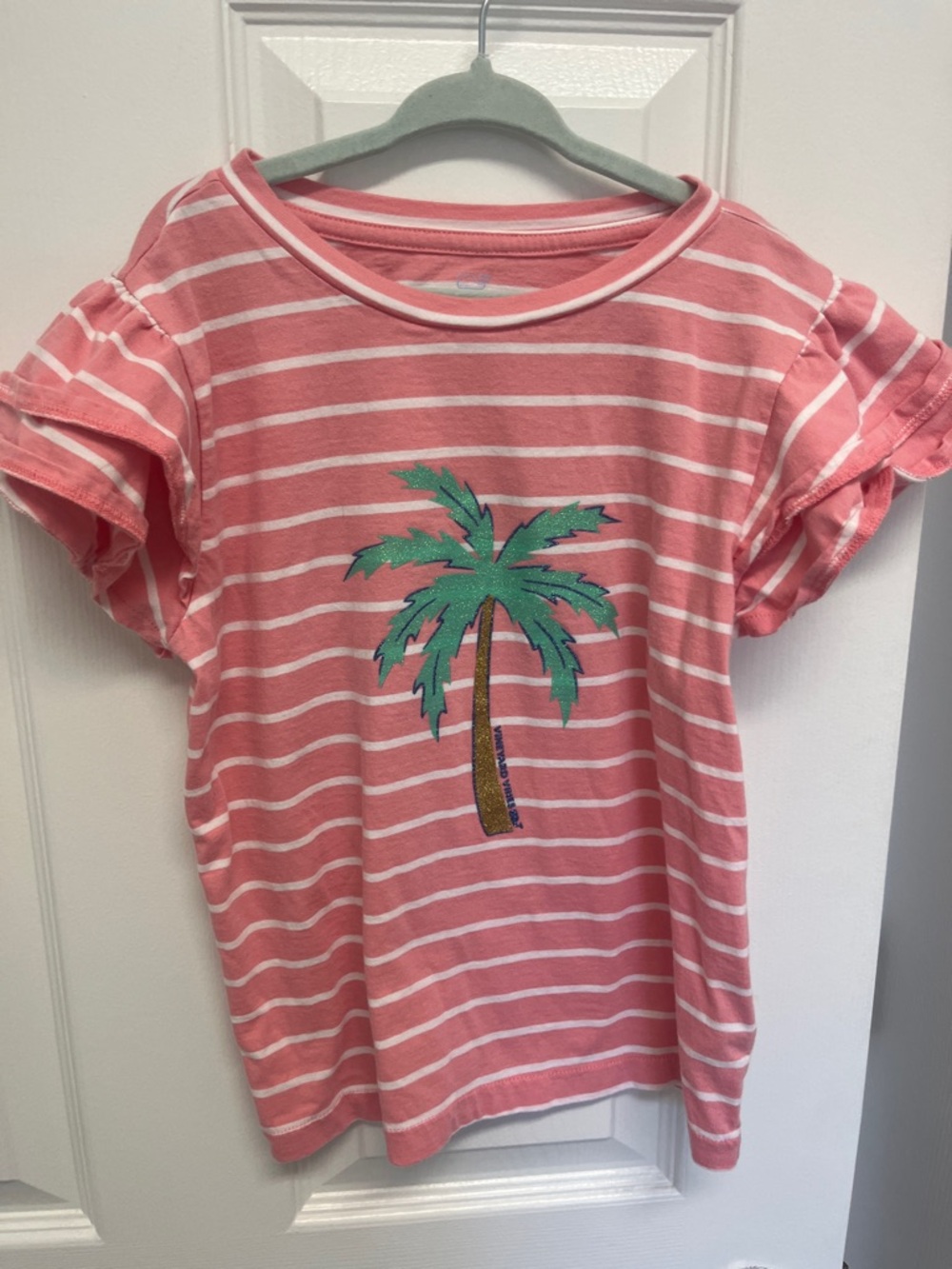 Vineyard Vines Coral & White Striped Tee with Green Palm